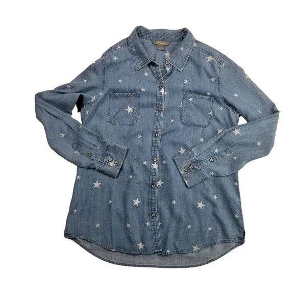 Natural Reflections Button Up Chambray Shirt Womens Sz M Star Print Blue Lyocell - Picture 12 of 14